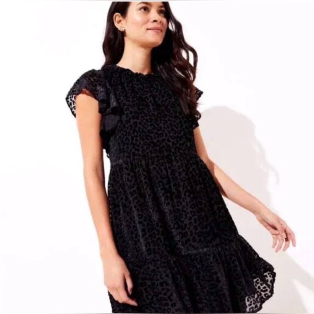 Loft Black Burnout Velvet Leopard Tiered Ruffle Swing Dress Med Whimsygoth